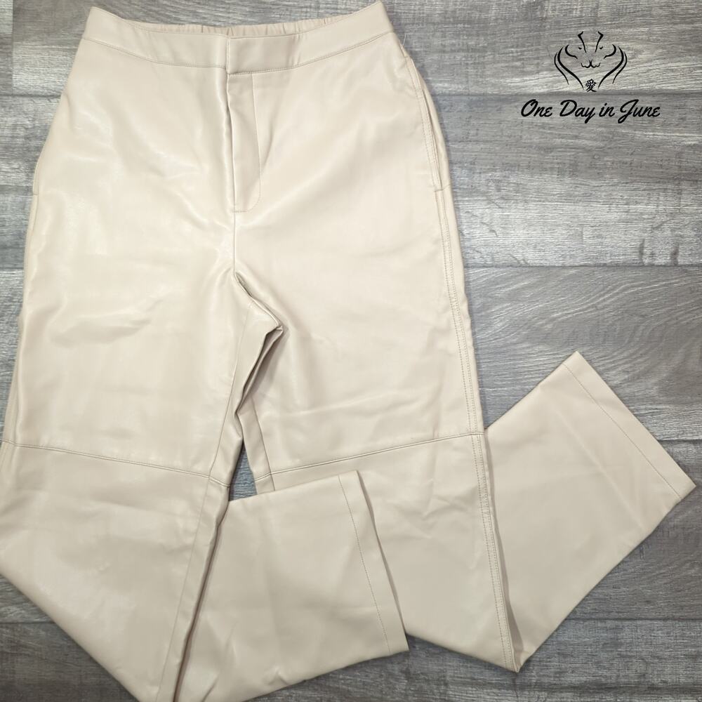 WAYF Faux Leather Wide Leg Pants Beige High Rise Elastic Waist Size M